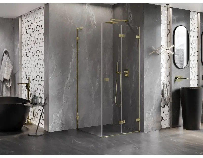Mexen Lunar-F L, sklápací sprchový kút pravý 90 x 90 cm, 8mm číre sklo, zlatý profil, 836L-090-090-50-00-P