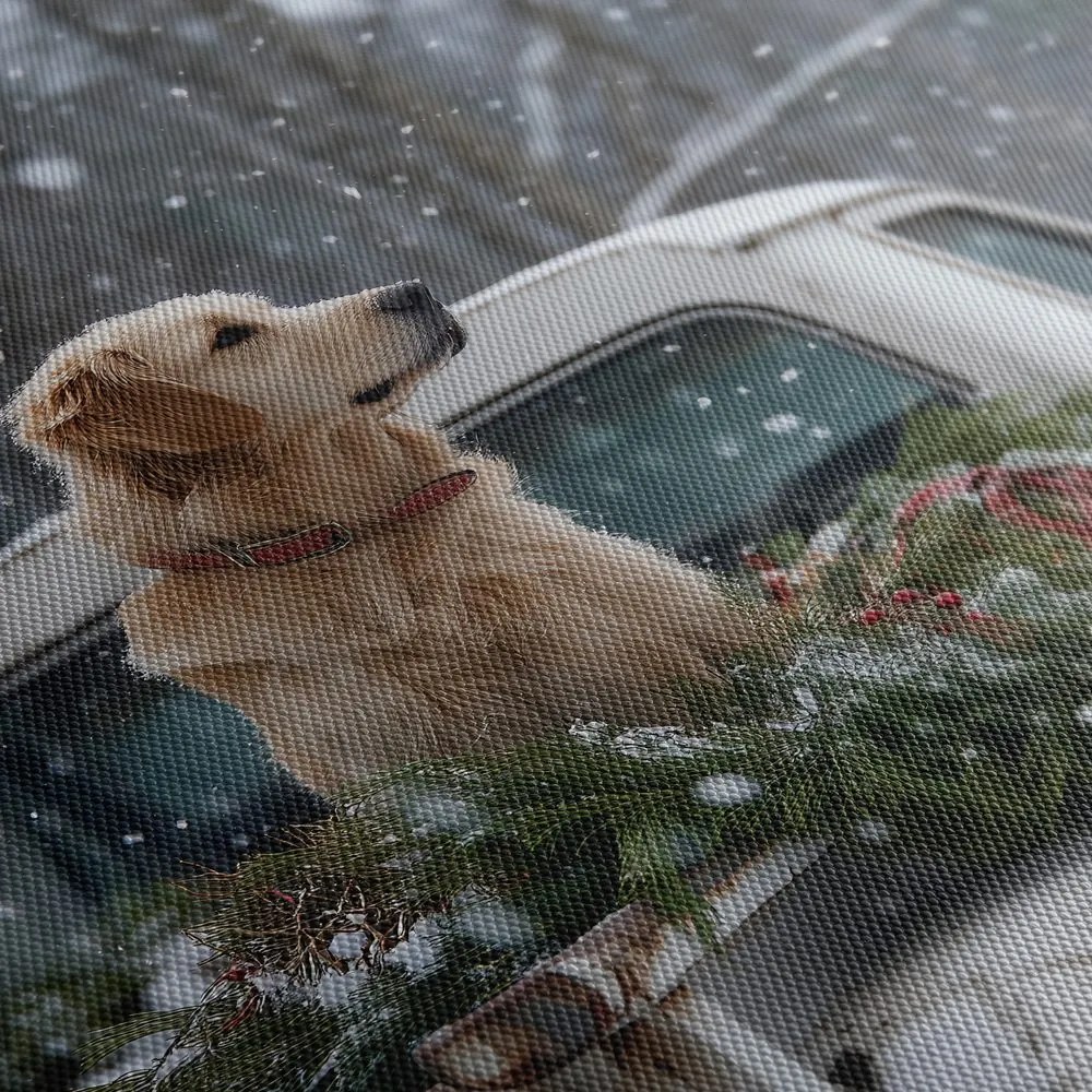 Obraz vianočný pes na zasneženej korbe