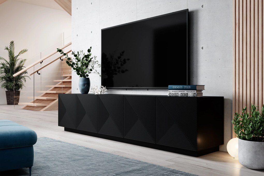 TV stolík Asha 200 cm s ryhovaným čelom - čierny mat