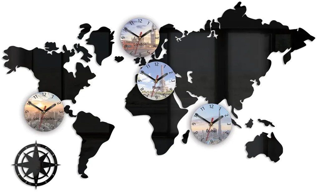 3D nalepovacie hodiny World map čierne