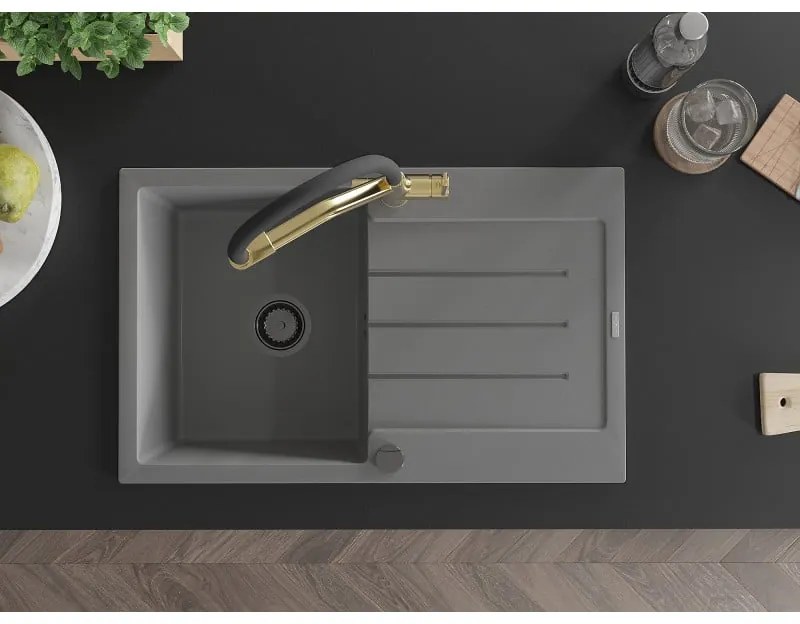 Mexen Bruno, 1-komorový granitový drez 795x495x200 mm a drezová batéria Duo, šedá, 6513-71-671701-57-B