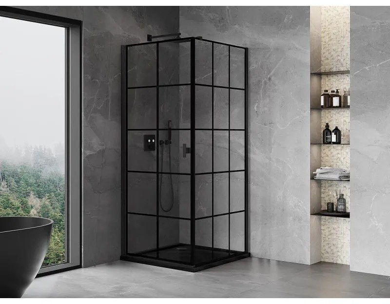 Mexen Mist-B, 1-krídlový výklopný sprchový kút, ľavý, 70 x 70 cm, číre sklo-čierna mriežka, 8A2T-070-070-70-77-L