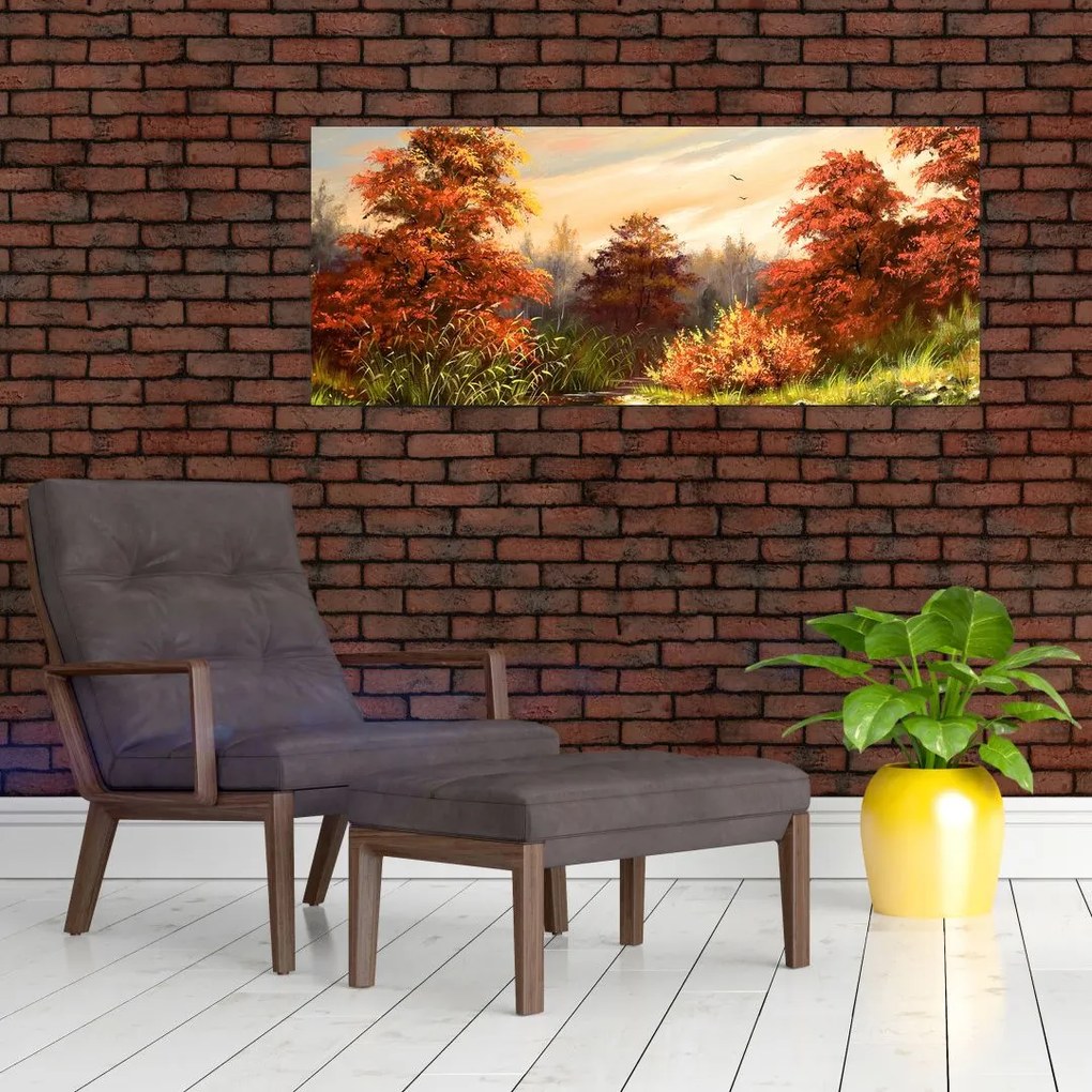 Obraz rieky v jesennej krajine, olejomaľba (120x50 cm)