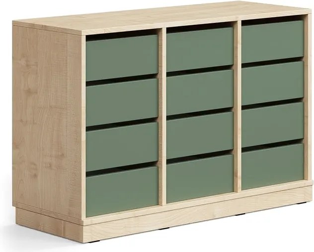 Úložná skrinka CASPER, 12 zásuviek, so soklom, breza/tmavozelená