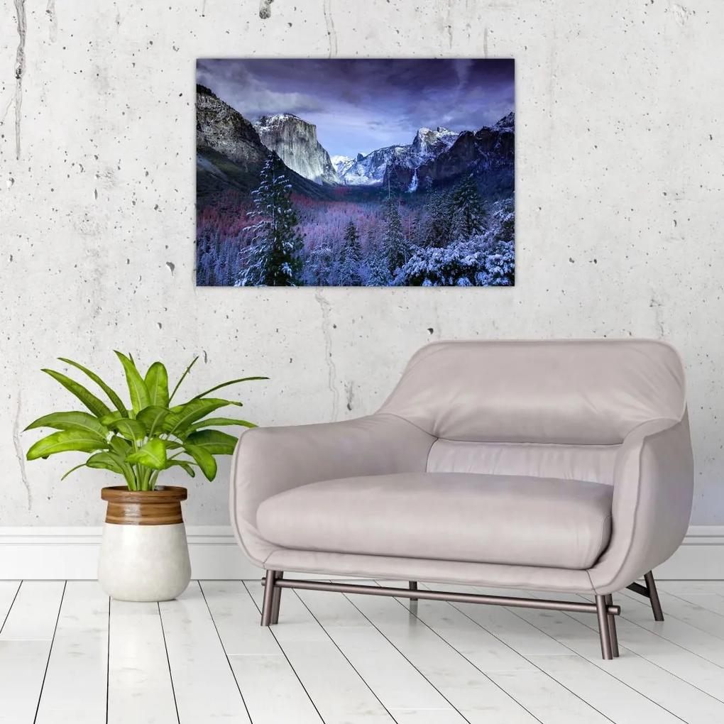 Sklenený obraz zimnej horskej krajiny (70x50 cm)