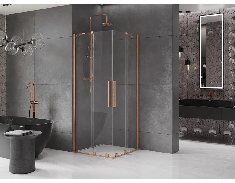 Mexen Velar Duo, sprchový kút s posuvnými dverami 90(dvere) x 90(dvere) cm, 8mm číre sklo, medená matná profil, 871-090-090-02-65