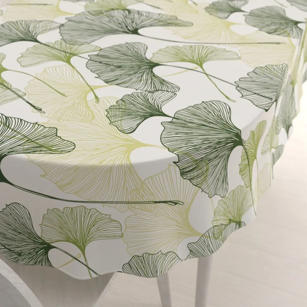 Biante Bavlnený oválny obrus Sandra SA-576 Zelené Ginkgo listy na bielom 80x120 cm