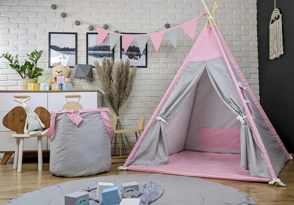 Detský stan TEEPEE (TÝPIE) ANIMALS s doplnkami - PLAMENÁK A KAMARÁDI - šedý/ružový