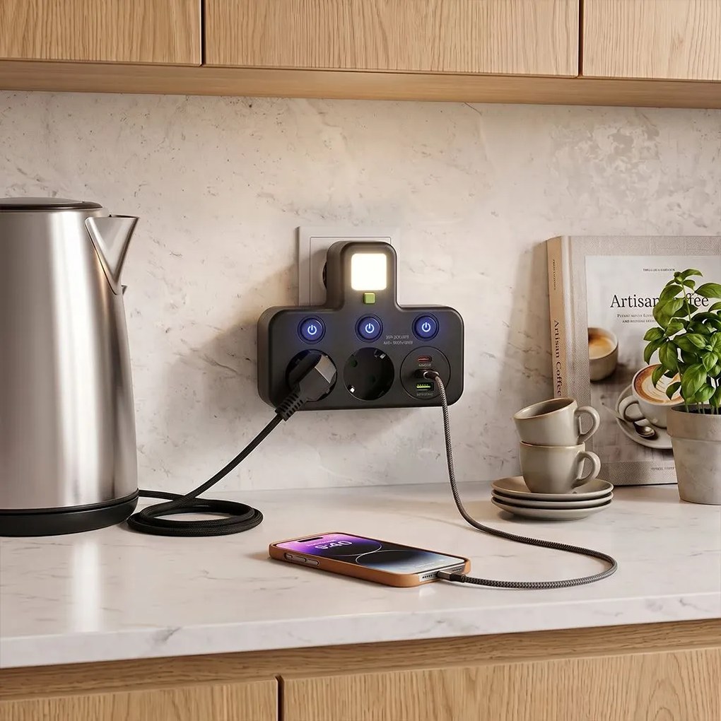 Toolight Toolight, JNH017, zásuvkový rozbočovač 2 zásuvky + 2× USB-A + USB-C s LED svetlom, čierna, OSW-56308