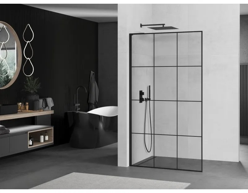 Mexen Kioto L, sprchová zástena Walk-In 120 x 200 cm, 8mm číre sklo čierny vzor, čierny profil, 800-120-103-70-77