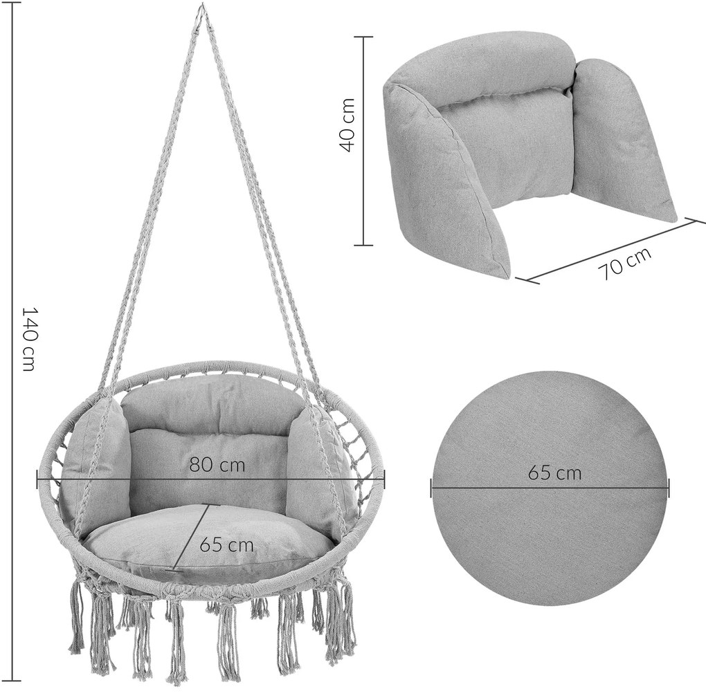 Detex Závesné kreslo BOHO s vankúšmi, Ø61cm, svetlo sivá