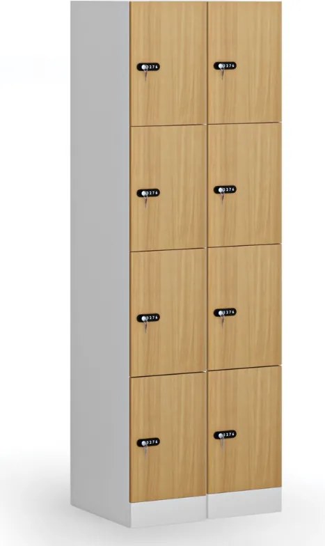 Šatníková skrinka S1 s úložnými boxmi, 4 boxy, 1850 x 300 x 500 mm, mechanický kódový zámok, laminované dvere, orech