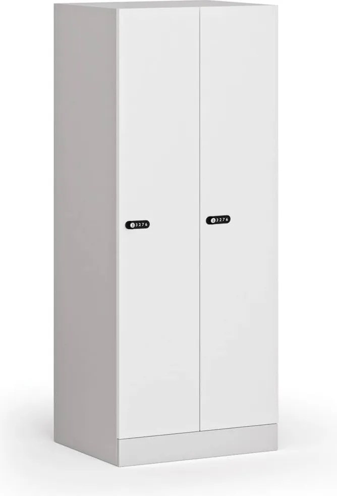 Šatníková skrinka S1 znížená, 2 oddiely, 1500 x 600 x 500 mm, mechanický kódový zámok, laminované dvere, biela