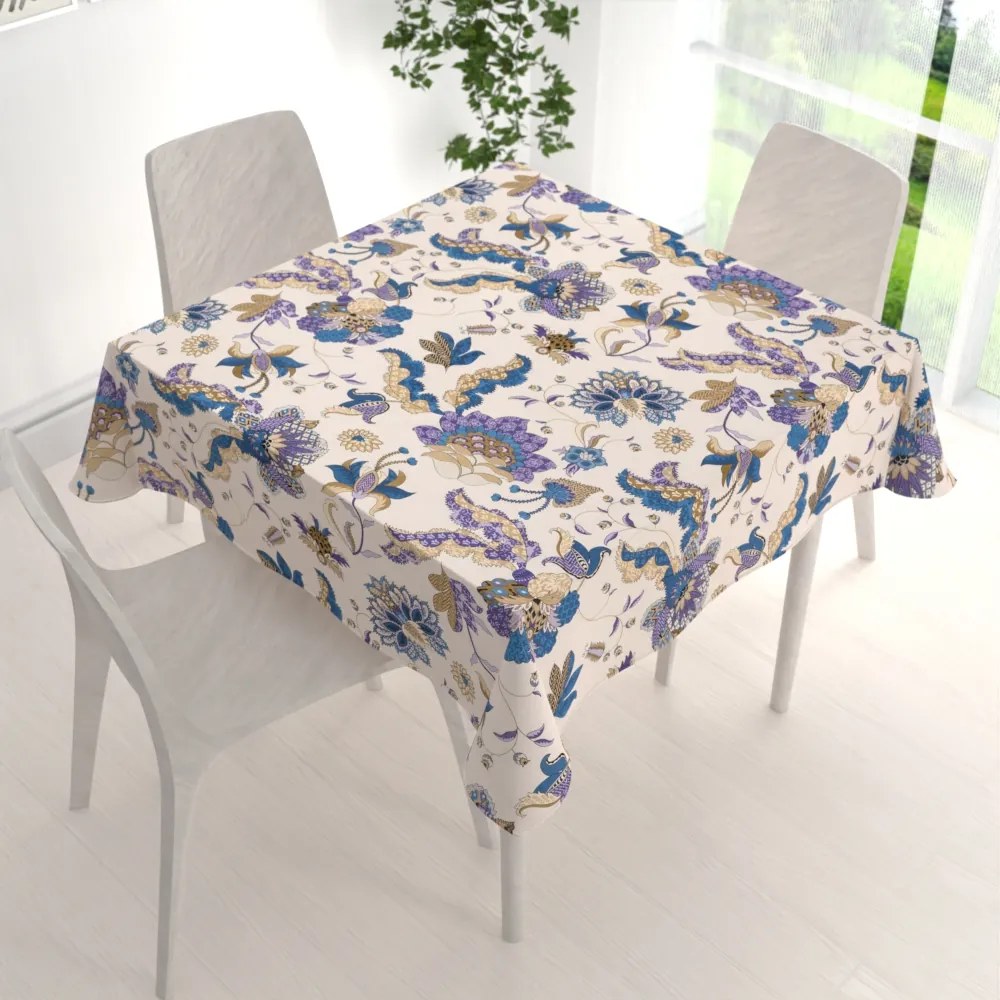 Biante Bavlnený štvorcový obrus Sandra SA-539 Modro-fialové orientálne kvety na svetlo béžovom 100x100 cm