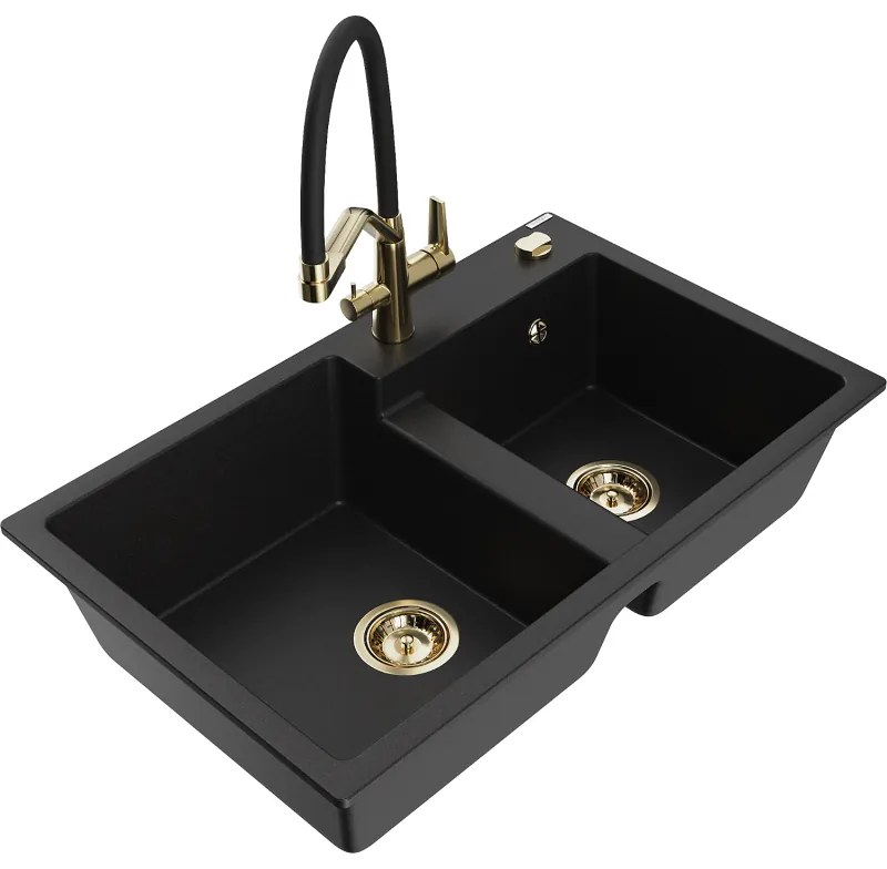 Mexen Tomas, 2-komorový granitový drez 800x500x190 mm a kuchynská batéria Duo, čierna, 6516-77-671701-57-G