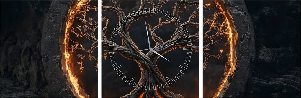 Obraz – Strom života v láve I. (s hodinami) (90x30 cm)