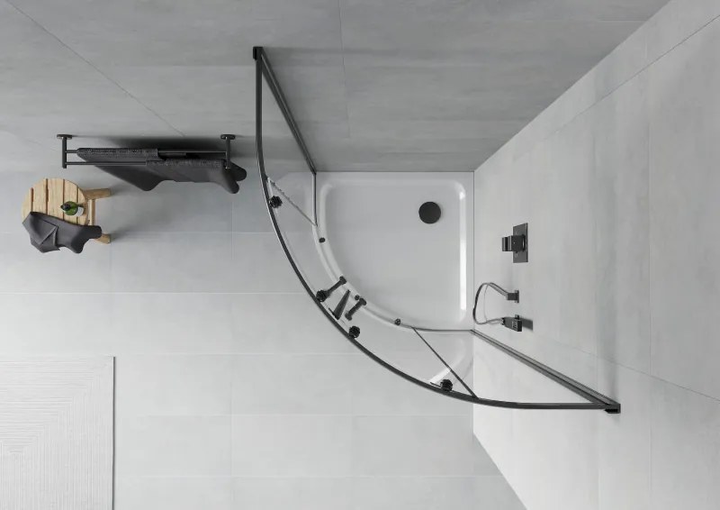 Mexen Rio, štvrťkruhový sprchový kút 80 x 80 cm, 6mm číre sklo, čierny profil + biela sprchová vanička, 863-080-080-70-00-4110B