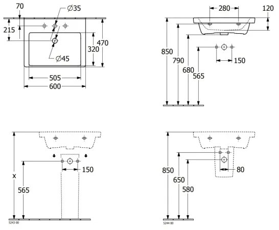 Villeroy & Boch 4A706001 - Závesné umývadlo SUBWAY 3.0 60x47 cm keramika/biela