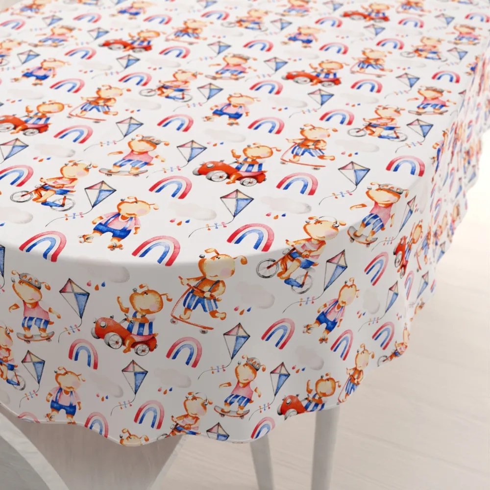 Biante Detský bavlnený oválny obrus Sandra SA-521 Modro-červení psíkovia s autami na bielom 140x220 cm