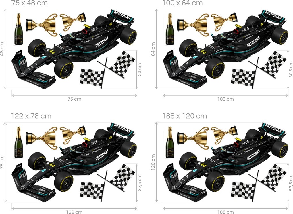 Čierna formula Mercedes textilná prelepiteľná nálepka na stenu hárok 75 x 48 cm