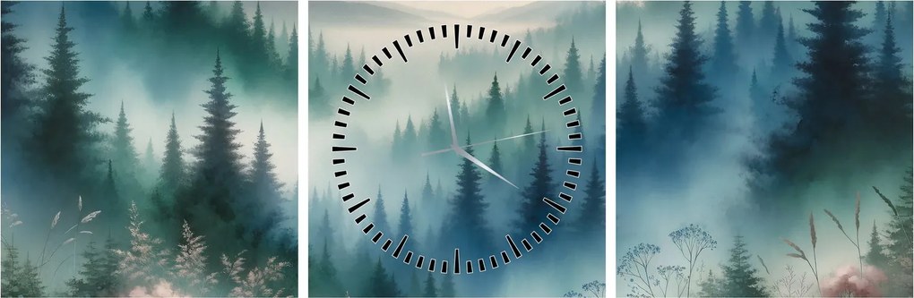 Obraz - Lesná krajina s hmlou (s hodinami) (90x30 cm)