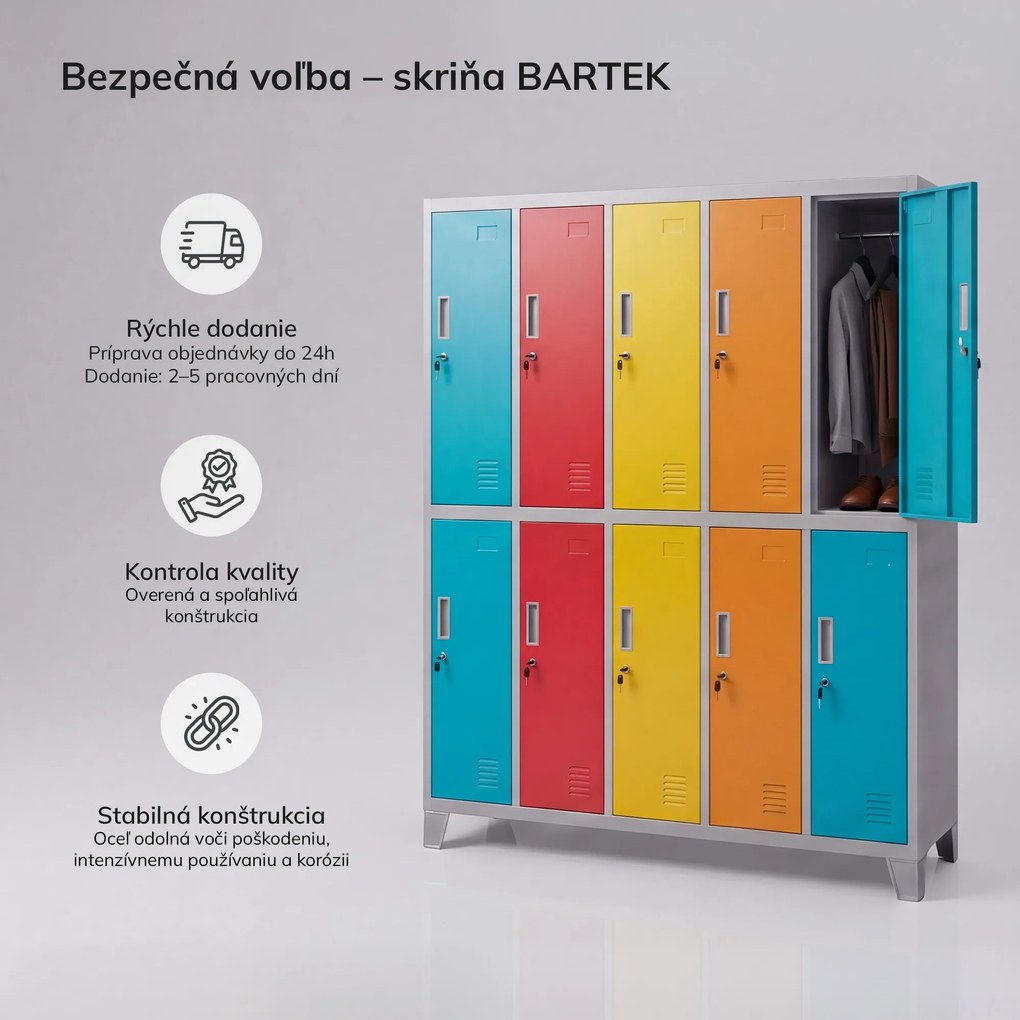 Skriňa BOZP odevná 10-dverová sivo-viacfarebná: BARTEK 1360 x 1720 x 450 mm