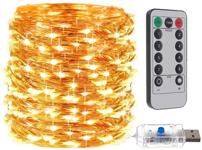 Bezdoteku LEDSolar 300 Vianočná reťaz 30m USB s háčikmi, 300 LED, diaľkové ovládanie, teplá biela