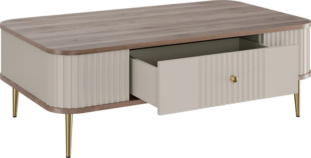 Kávový stolík Vesper 103x60 cm so zásuvkou - kašmír / orech / zlaté nohy