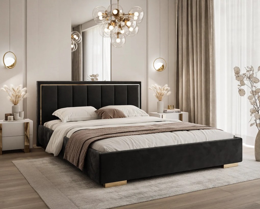 ČALÚNENÁ POSTEĽ MIRABELA 120x200 ČIERNA ZAMATOVÁ LÁTKA JASMINE 100 S ROŠTOM