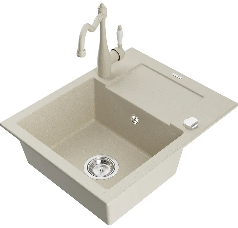 Mexen Enzo, granitový drez 576x465x174 mm, 1-komorový a drezová batéria Carla, béžová, 6506-69-670700-69