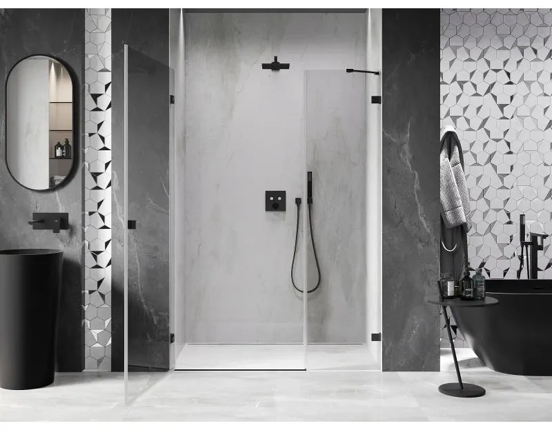 Mexen Lunar-B, ľavé výklopné sprchové dvere 135 cm, číre sklo, čierny profil, 832S-135-050-70-00-L