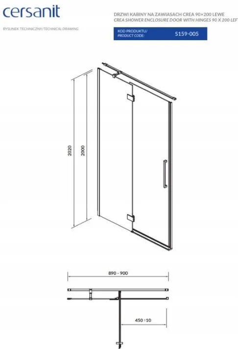 Cersanit Crea, krídlové dvere do otvoru 90x200 cm (ľavé), 8mm číre sklo, chrómový profil, S159-005