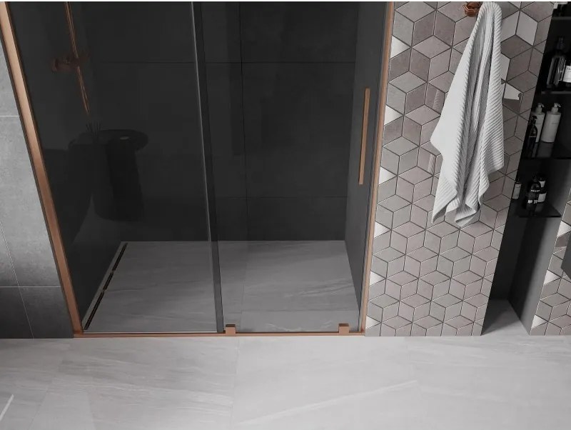 Mexen Velar, posuvné sprchové dvere do otvoru 130 cm, 8mm šedé sklo, medená matná, 871-130-000-41-65