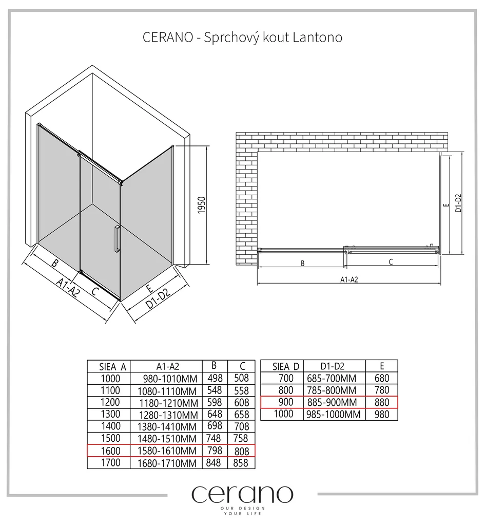 Cerano Lantono, sprchovací kút s posuvnými dverami 160(dvere) x 90(stena) x 195 cm, 8mm číre sklo, čierny profil, CER-CER-433220