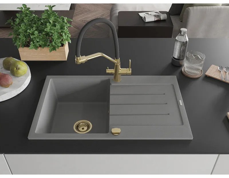 Mexen Bruno, 1-komorový granitový drez 795x495x200 mm a drezová batéria Duo, šedá, 6513-71-671701-57-G