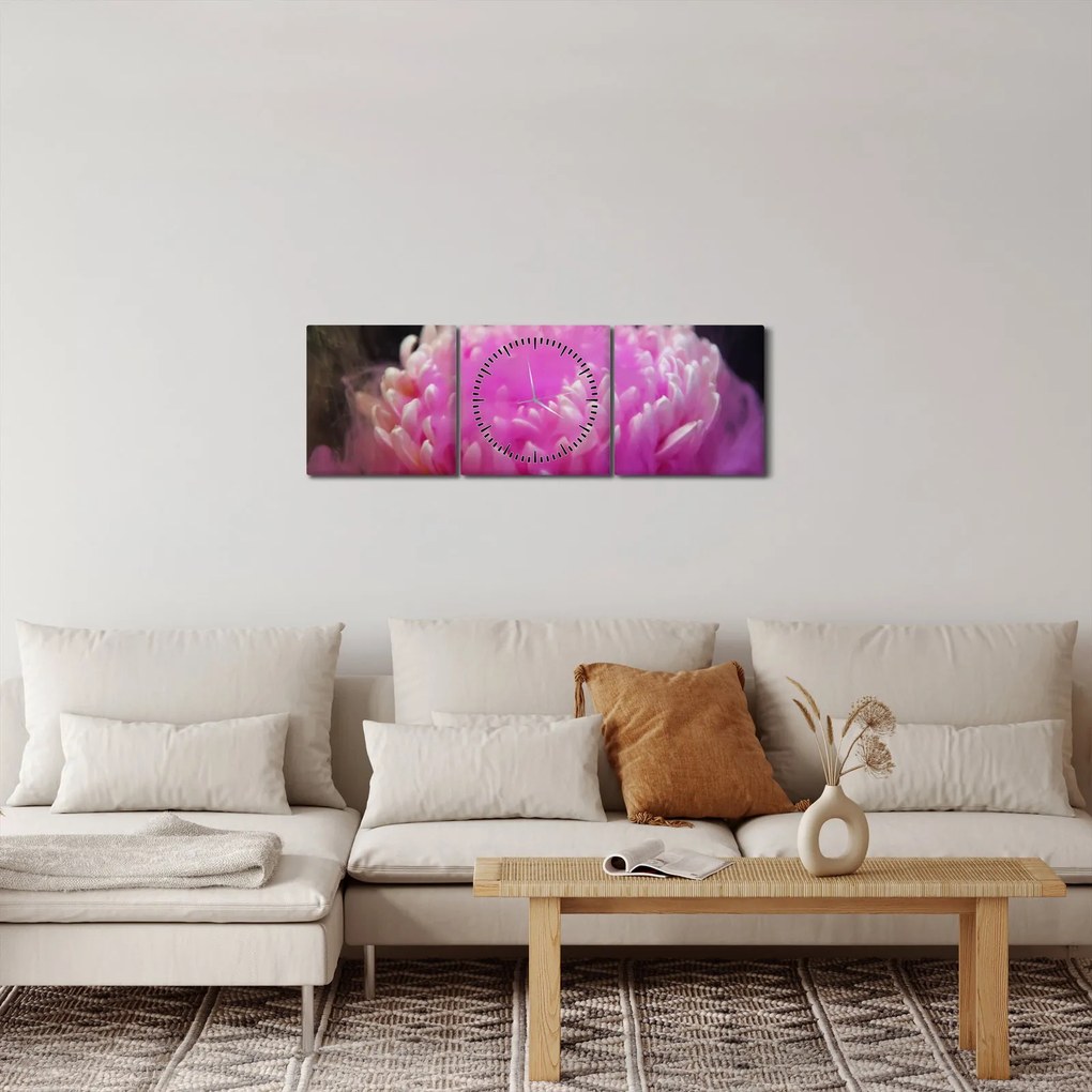 Obraz kvetiny v ružovom dyme (s hodinami) (90x30 cm)