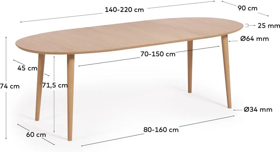 Rozkladací jedálenský stôl v dekore duba v prírodnej farbe 90x140 cm Oqui – Kave Home