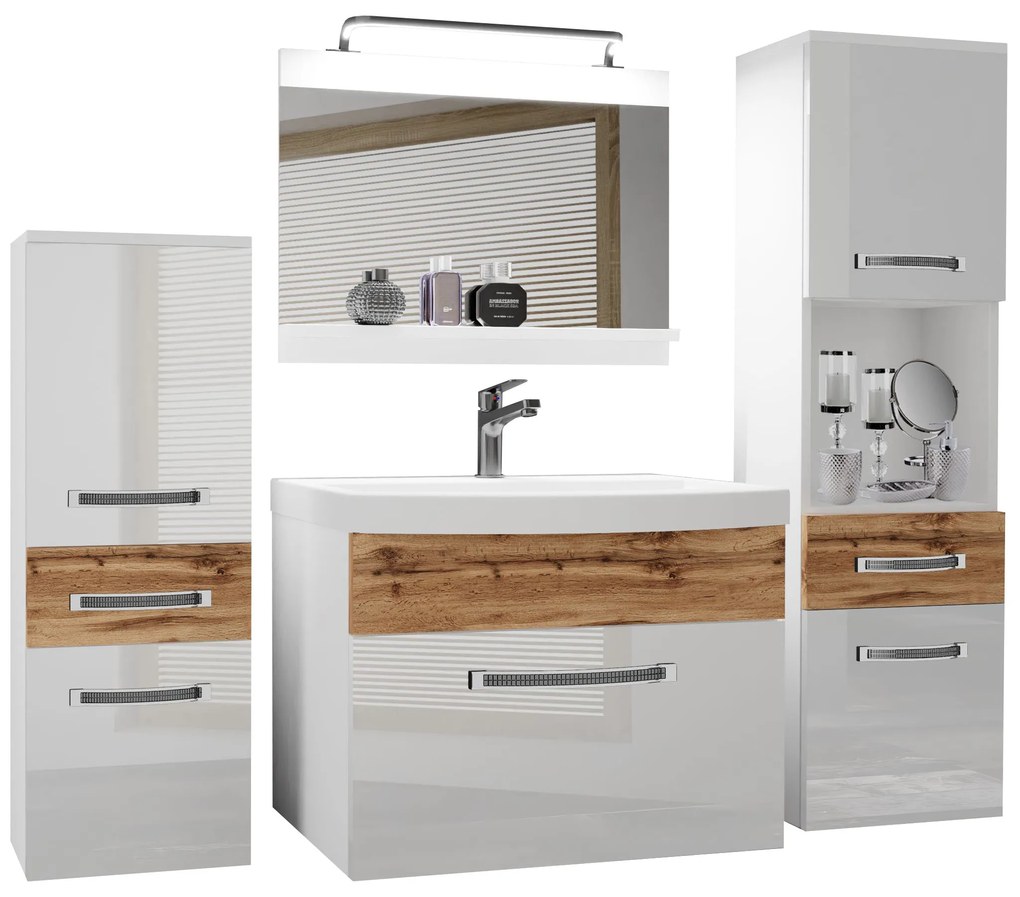 Kúpeľňový nábytok Belini Premium Full Version biely lesk / dub wotan+ umývadlo + zrkadlo + LED osvetlenie Glamour 93