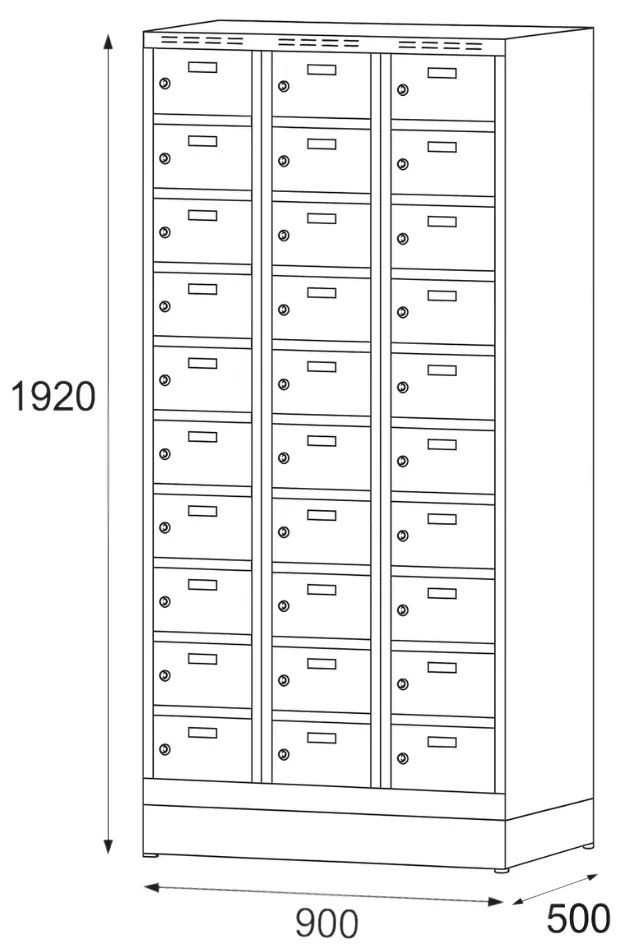 Alfa 3 Šatníková skrinka na sokli s úložnými boxami, 30 boxov, 1920 x 900 x 500 mm, cylindrický zámok, červené dvere