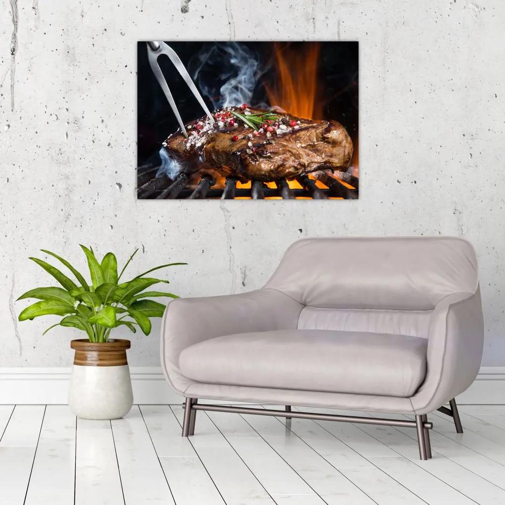 Sklenený obraz steaku na grile (70x50 cm)