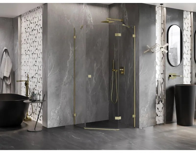 Mexen Lunar, päťuholníkový sprchový kút s pravým sklonom 90 x 90 cm, 8mm číre sklo, zlatý matný profil, 831-090P-090L-55-00-P