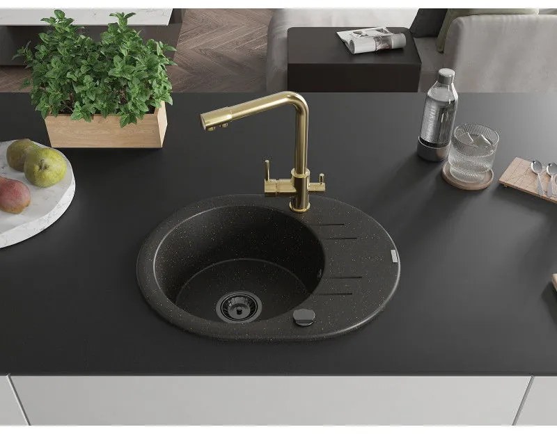 Mexen Kevin, drez granitový 586x458x190 mm, 1-komorový a zlatá Duero batéria, čierna - zlatá metalíza, 6517-75-671600-50-B