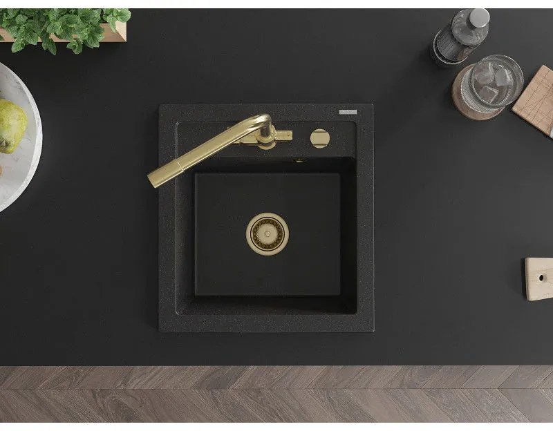 Mexen Vito, 1-komorový granitový drez 520x490x210 mm, zlatá batéria Duero, čierna - strieborná metalíza, 6503-73-671600-50