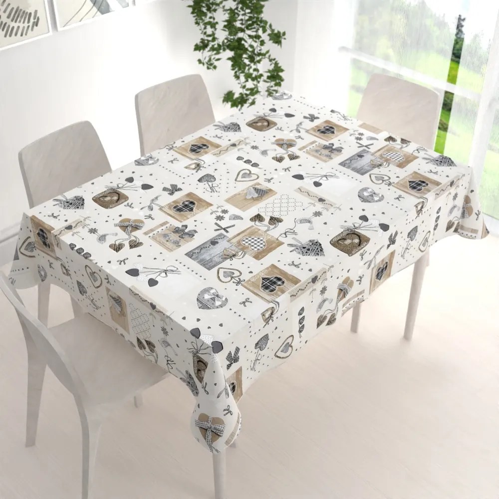 Biante Dekoračný obdĺžnikový obrus Porto PRT-014 Hnedo-sivé srdiečka na krémovom 50x100 cm