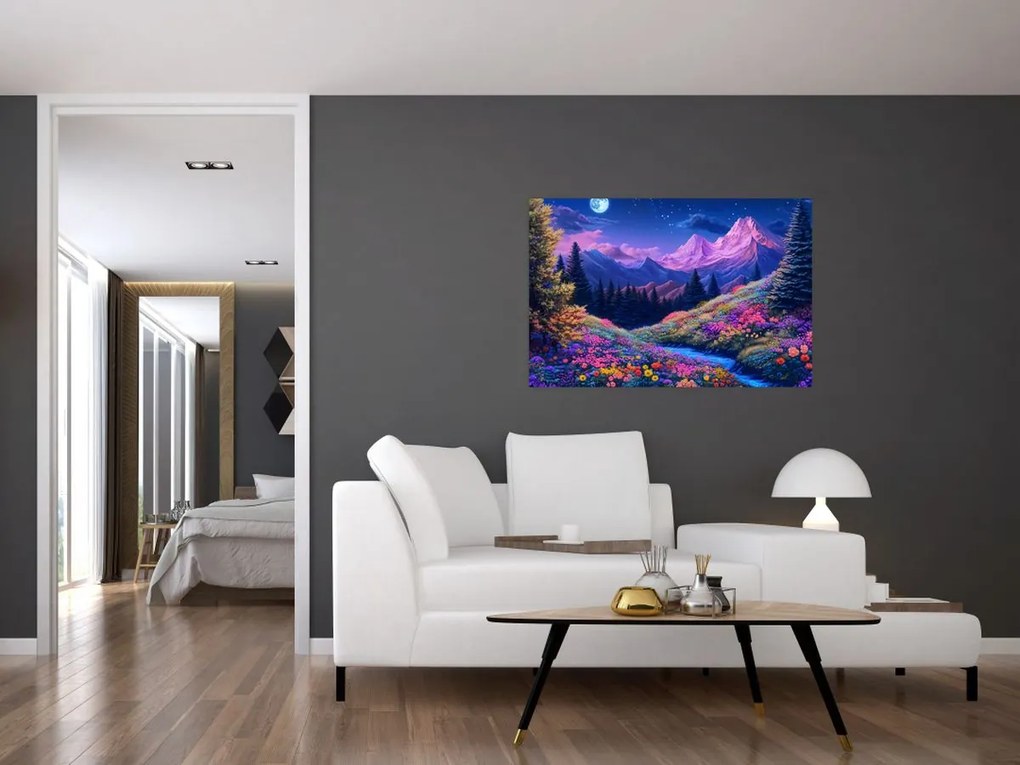 Obraz - Fialová krajina pri úplnku (90x60 cm)