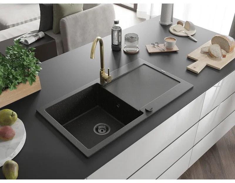 Mexen Leo, drez granitový 900x500x190 mm, 1-komorový a zlatá batéria Telma, čierna-zlatá metalíza, 6501-75-670200-50-B