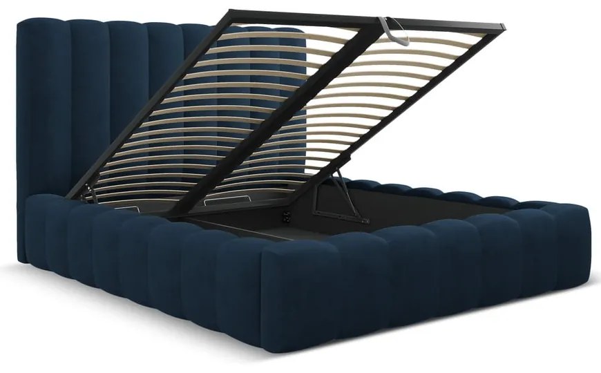 Tmavomodrá čalúnená dvojlôžková posteľ s úložným priestorom a roštom 200x200 cm Kelp – Micadoni Home