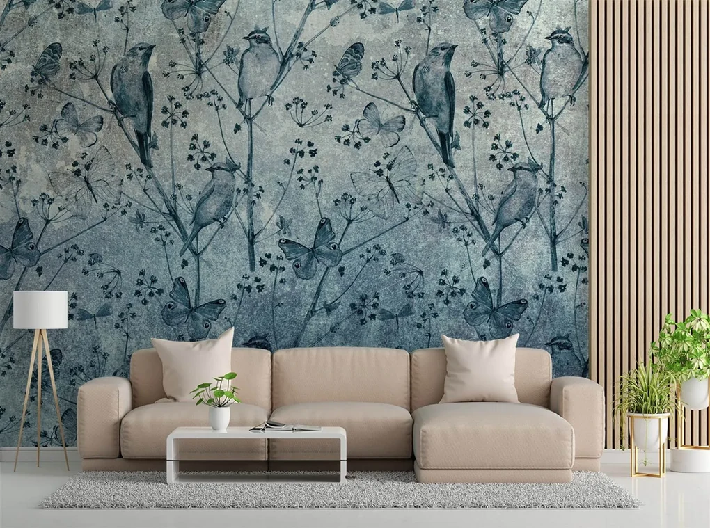 Gario Fototapeta Vtáky a motýle na stene Materiál: Vliesová, Rozmery: 350 x 245 cm