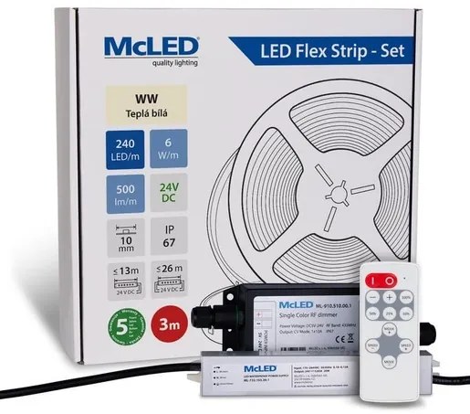 McLED LED páska - sada 3 m + Prijímač Nano IP67, 240 LED/m, WW, 6 W/m, DC 24V, 500 lm/m, CRI90, IP67, 10 mm, vodič 3 m ML-126.034.90.S03002