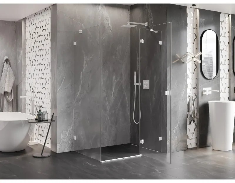 Mexen Lunar, pravostranný výklopný sprchový kút 90 x 70 cm, 8mm číre sklo, biely profil, 834-090-070-20-00-P